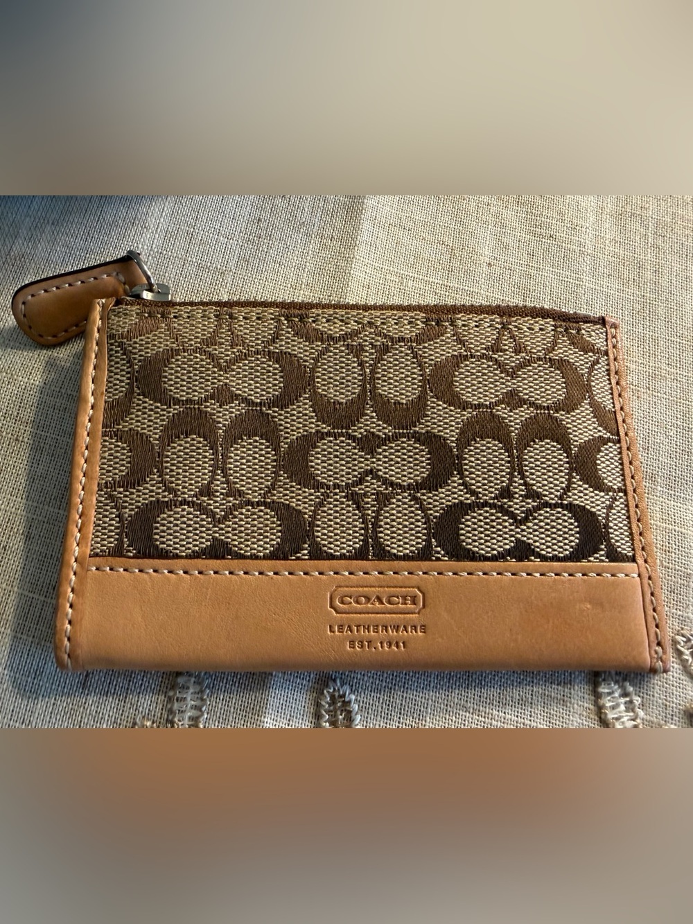 Coach Brown and Tan Signature Jacquard Leather Zip Pouch Card Slip